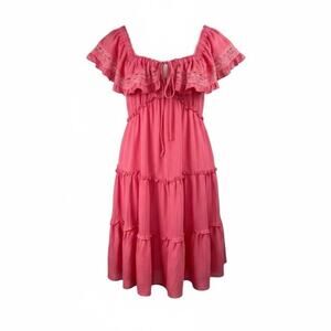 Lush Pink Blossom Lace Tie Back Square Neck Tiered Mini Dress L NWT Coquette